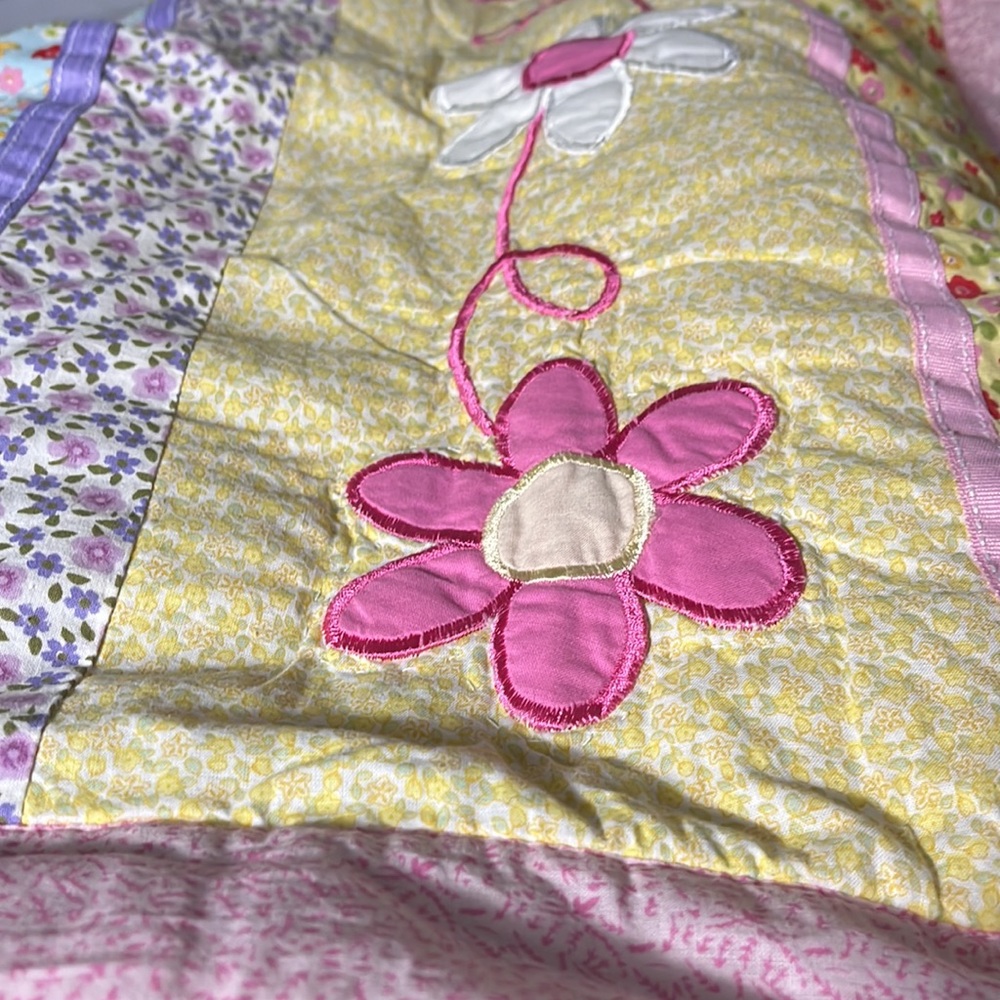 Flower Pillow Sham Pink Green Quilted Pillowcase Ribbon